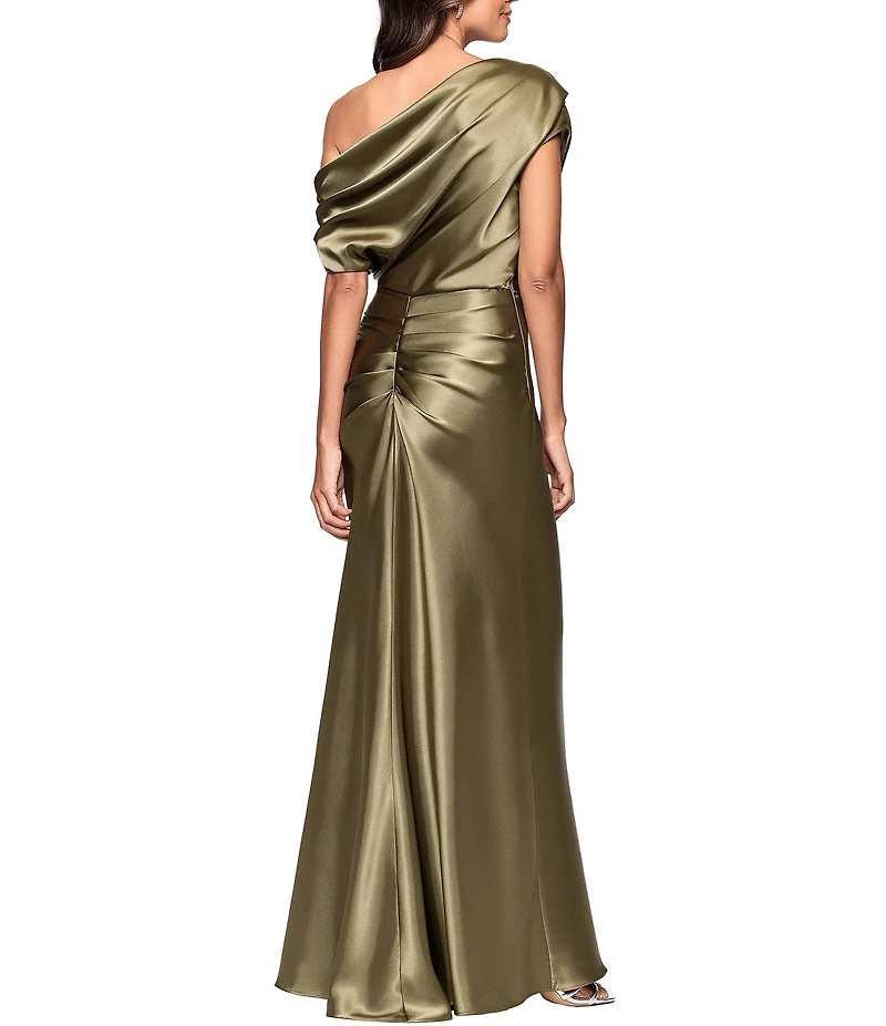 Betsy & Adam Off-The-Shoulder Charmeuse Drop Neck Ruched Long Dress