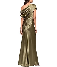 Betsy & Adam Off-The-Shoulder Charmeuse Drop Neck Ruched Long Dress
