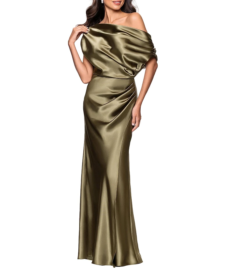 Betsy & Adam Off-The-Shoulder Charmeuse Drop Neck Ruched Long Dress