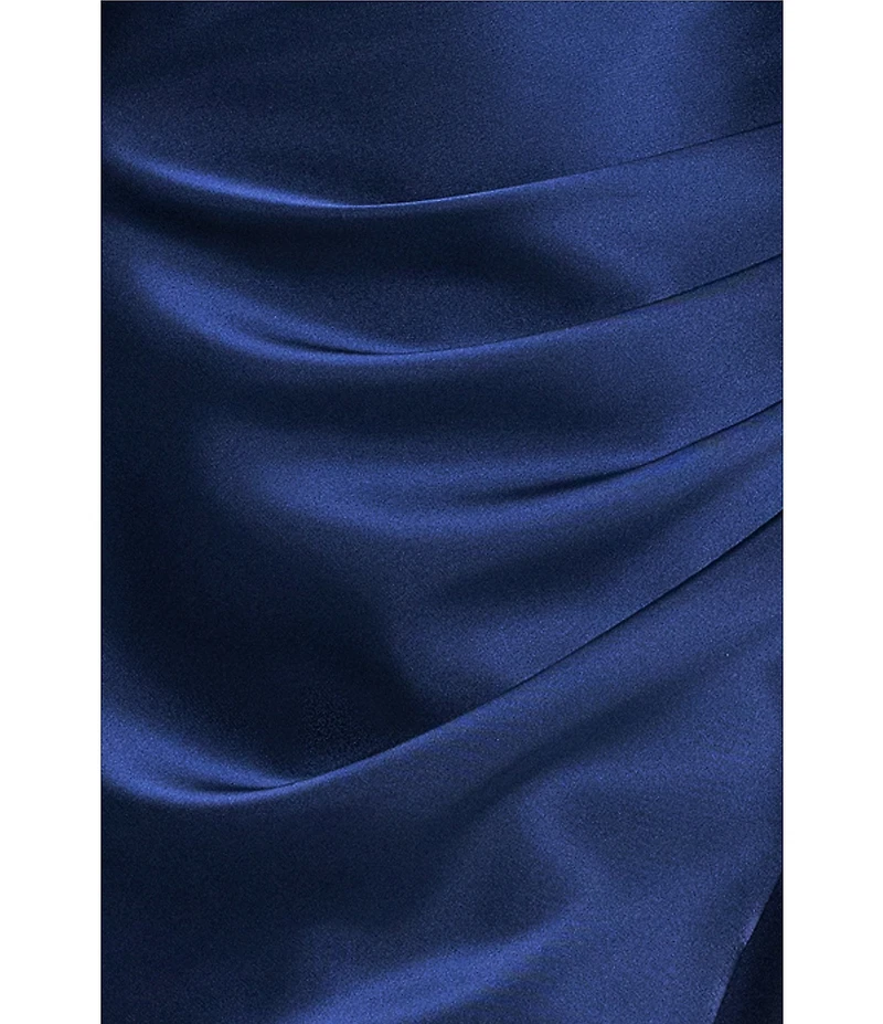 Betsy & Adam Off the Shoulder Ruched Bodice Satin Charmeuse Blouson Knee Length Dress