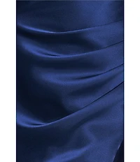Betsy & Adam Off the Shoulder Ruched Bodice Satin Charmeuse Blouson Knee Length Dress