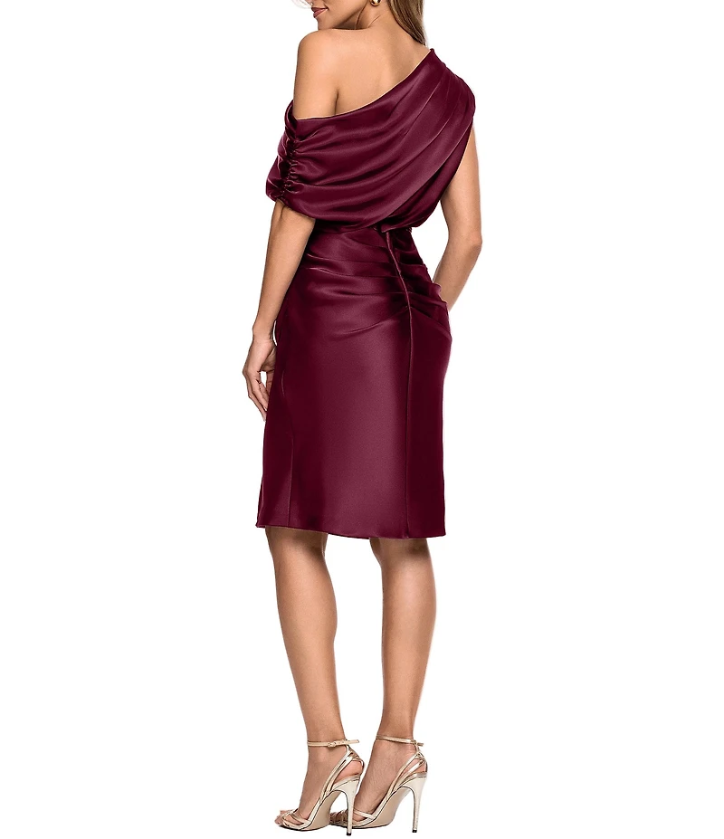 Betsy & Adam Off-The-Shoulder Ruched Bodice Satin Charmeuse Blouson Knee Length Dress