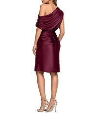 Betsy & Adam Off-The-Shoulder Ruched Bodice Satin Charmeuse Blouson Knee Length Dress