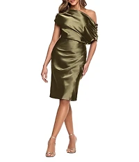 Betsy & Adam Off the Shoulder Ruched Bodice Satin Charmeuse Blouson Knee Length Dress