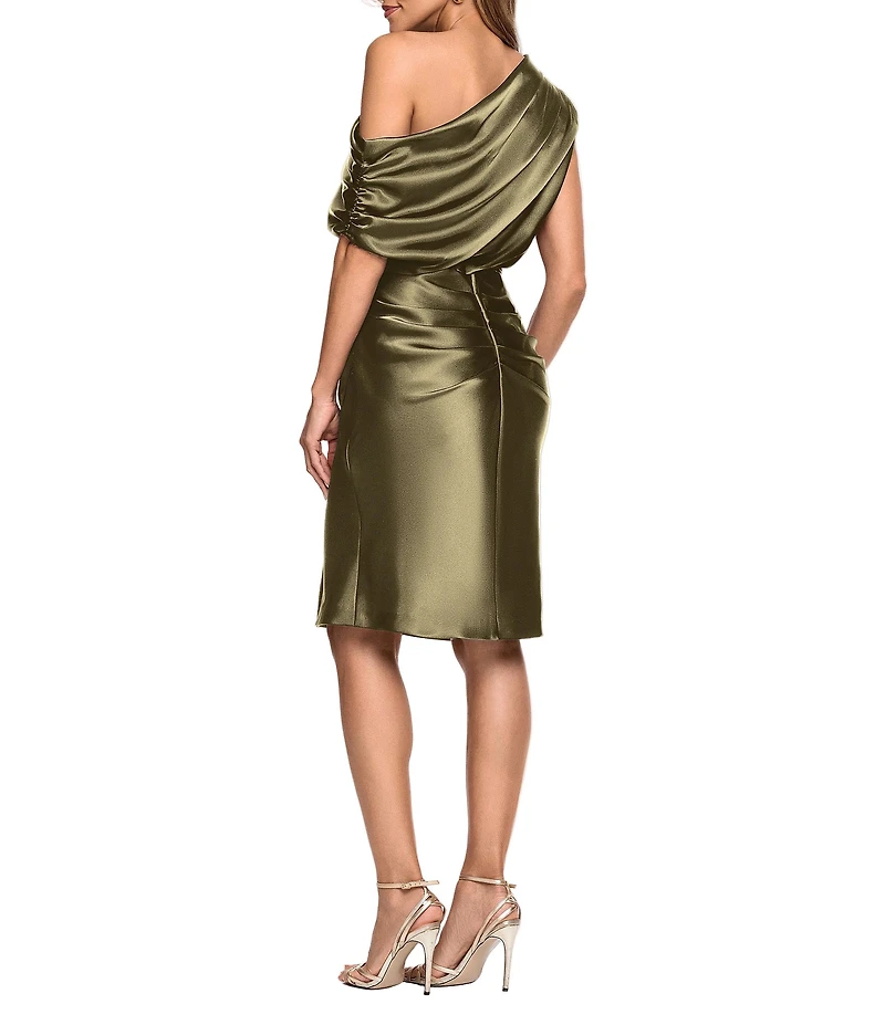 Betsy & Adam Off the Shoulder Ruched Bodice Satin Charmeuse Blouson Knee Length Dress