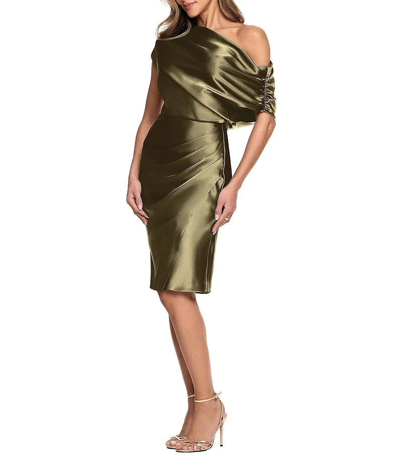 Betsy & Adam Off the Shoulder Ruched Bodice Satin Charmeuse Blouson Knee Length Dress