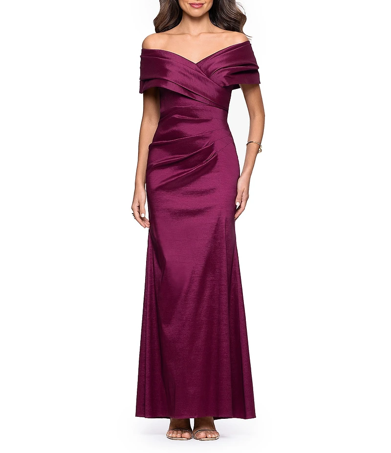 Betsy & Adam Off-the-Shoulder Stretch Taffeta Sheath Gown