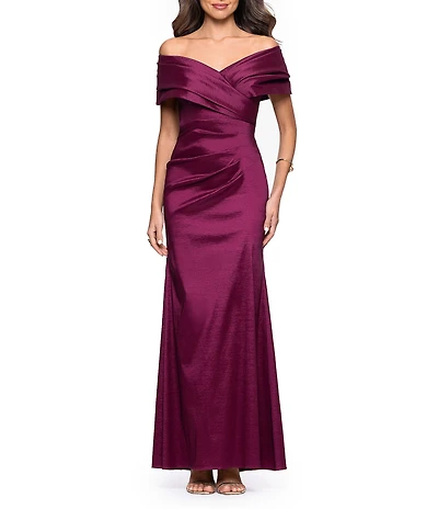 Betsy & Adam Off-the-Shoulder Stretch Taffeta Sheath Gown