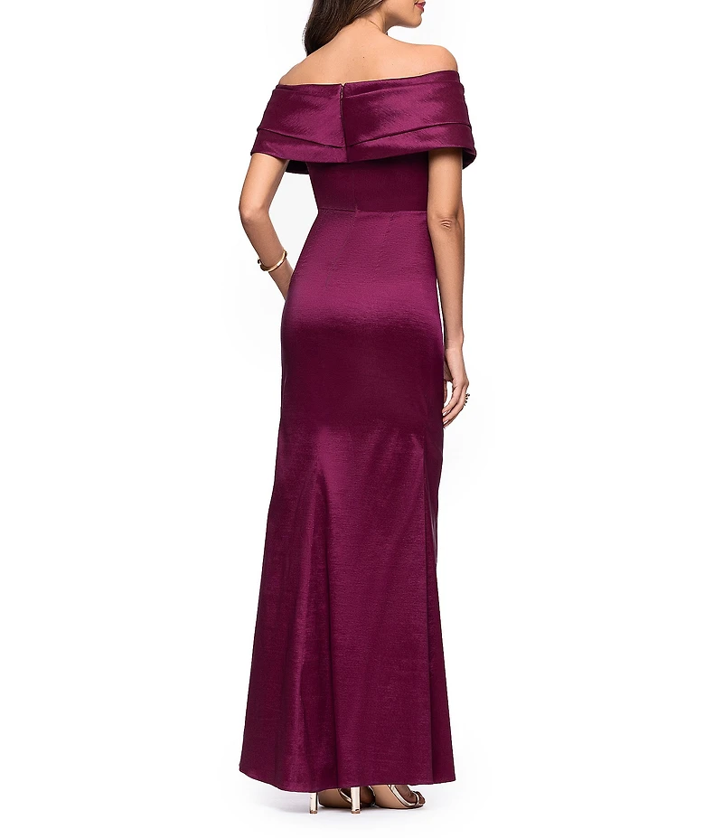 Betsy & Adam Off-the-Shoulder Stretch Taffeta Sheath Gown