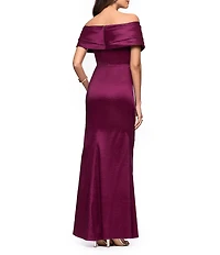 Betsy & Adam Off-the-Shoulder Stretch Taffeta Sheath Gown