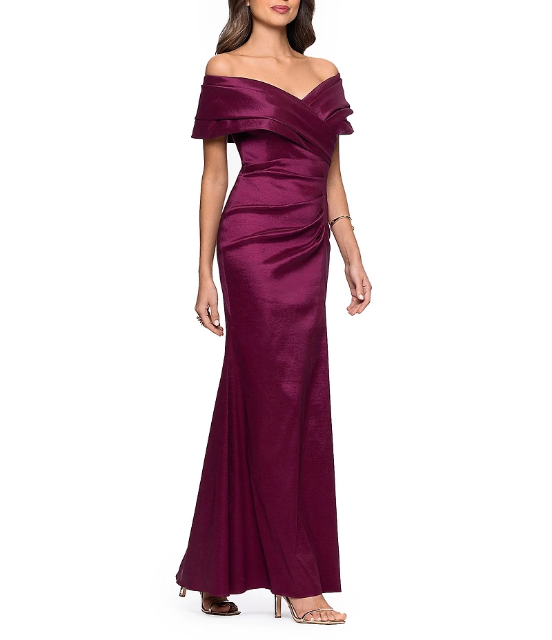 Betsy & Adam Off-the-Shoulder Stretch Taffeta Sheath Gown