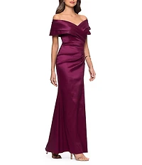 Betsy & Adam Off-the-Shoulder Stretch Taffeta Sheath Gown