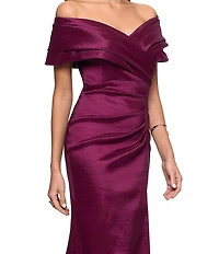 Betsy & Adam Off-the-Shoulder Stretch Taffeta Sheath Gown