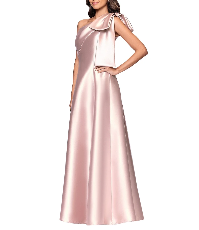 Betsy & Adam One Bow Shoulder Mikado A-Line Gown
