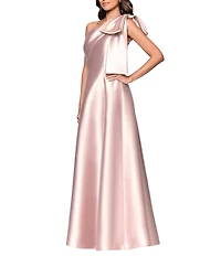 Betsy & Adam One Bow Shoulder Mikado A-Line Gown