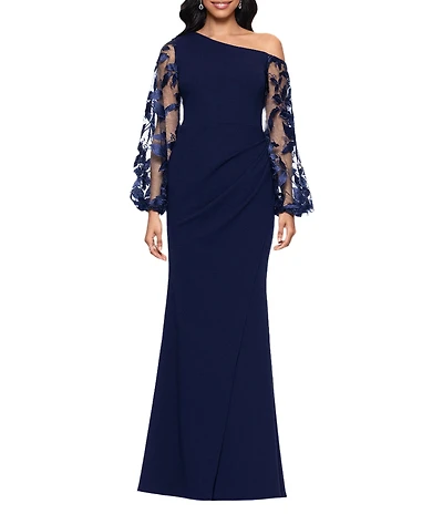Betsy & Adam One Shoulder Asymmetrical Long Sleeve Faux Wrap Gown