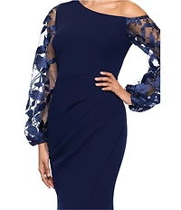 Betsy & Adam One Shoulder Asymmetrical Long Sleeve Faux Wrap Gown