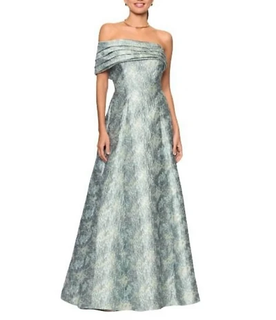 Betsy & Adam One Shoulder Brocade A-Line Gown