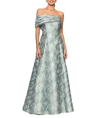 Betsy & Adam One Shoulder Brocade A-Line Gown