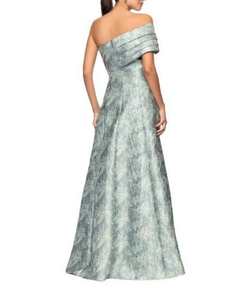 Betsy & Adam One Shoulder Brocade A-Line Gown