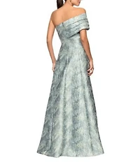 Betsy & Adam One Shoulder Brocade A-Line Gown
