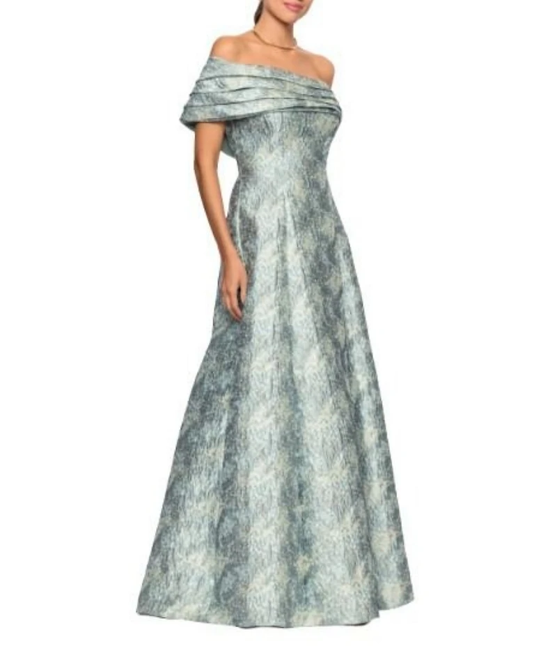 Betsy & Adam One Shoulder Brocade A-Line Gown