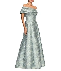 Betsy & Adam One Shoulder Brocade A-Line Gown
