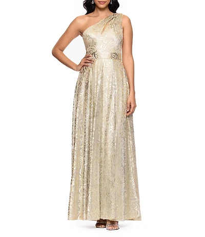Betsy & Adam One Shoulder Floral Foil A-Line Gown