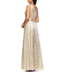 Betsy & Adam One Shoulder Floral Foil A-Line Gown