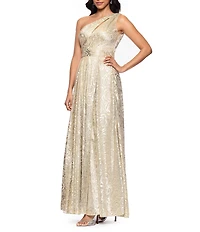 Betsy & Adam One Shoulder Floral Foil A-Line Gown