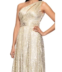 Betsy & Adam One Shoulder Floral Foil A-Line Gown