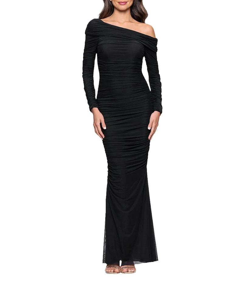 Betsy & Adam One Shoulder Long Sleeve Mesh Gown