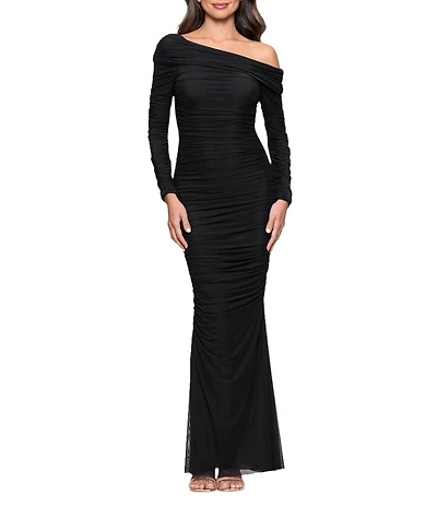 Betsy & Adam One Shoulder Long Sleeve Mesh Gown