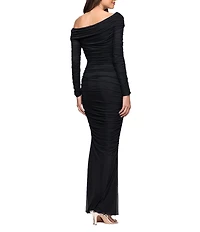 Betsy & Adam One Shoulder Long Sleeve Mesh Gown
