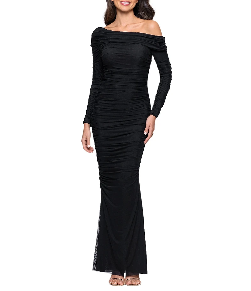 Betsy & Adam One Shoulder Long Sleeve Mesh Gown