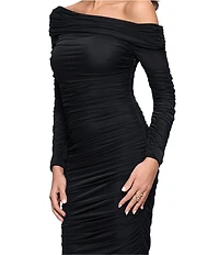 Betsy & Adam One Shoulder Long Sleeve Mesh Gown