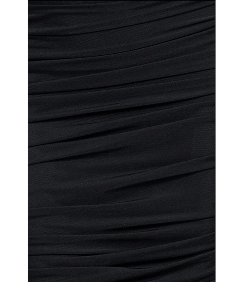 Betsy & Adam One Shoulder Long Sleeve Mesh Gown