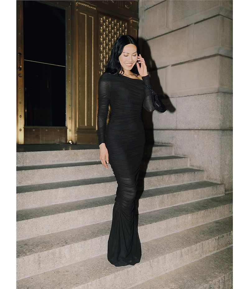 Betsy & Adam One Shoulder Long Sleeve Mesh Gown