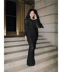 Betsy & Adam One Shoulder Long Sleeve Mesh Gown