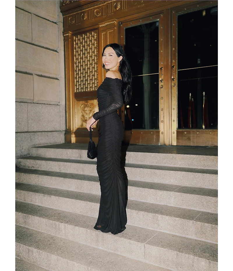 Betsy & Adam One Shoulder Long Sleeve Mesh Gown