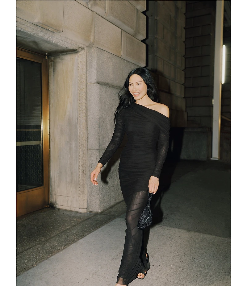 Betsy & Adam One Shoulder Long Sleeve Mesh Gown