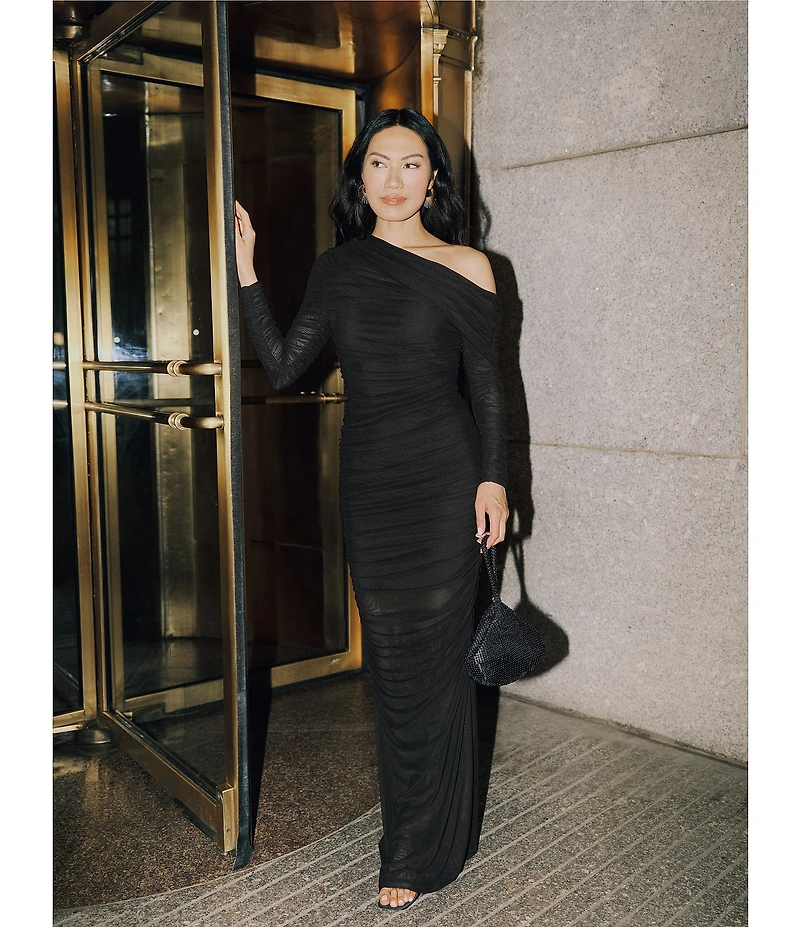 Betsy & Adam One Shoulder Long Sleeve Mesh Gown