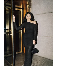Betsy & Adam One Shoulder Long Sleeve Mesh Gown