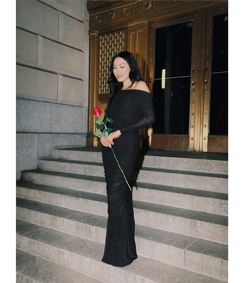 Betsy & Adam One Shoulder Long Sleeve Mesh Gown