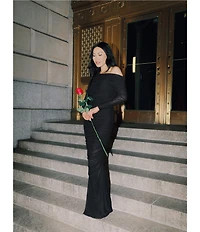 Betsy & Adam One Shoulder Long Sleeve Mesh Gown