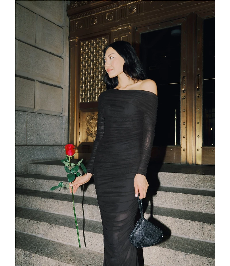 Betsy & Adam One Shoulder Long Sleeve Mesh Gown