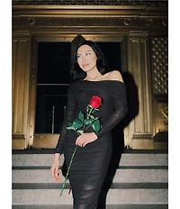 Betsy & Adam One Shoulder Long Sleeve Mesh Gown
