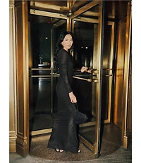 Betsy & Adam One Shoulder Long Sleeve Mesh Gown