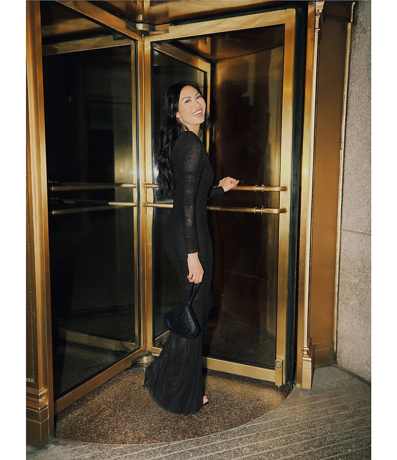 Betsy & Adam One Shoulder Long Sleeve Mesh Gown