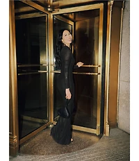 Betsy & Adam One Shoulder Long Sleeve Mesh Gown